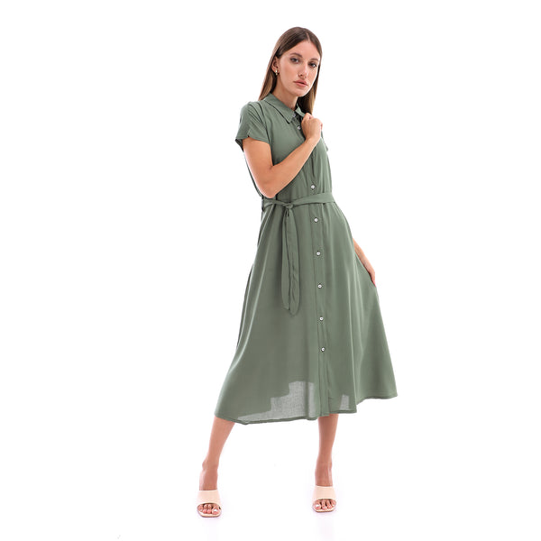 Textured Full Buttoned Dress - Dark Green