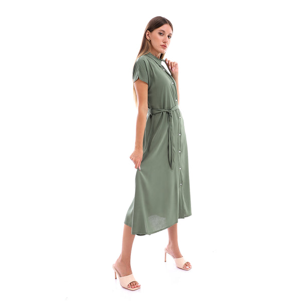 Textured Full Buttoned Dress - Dark Green