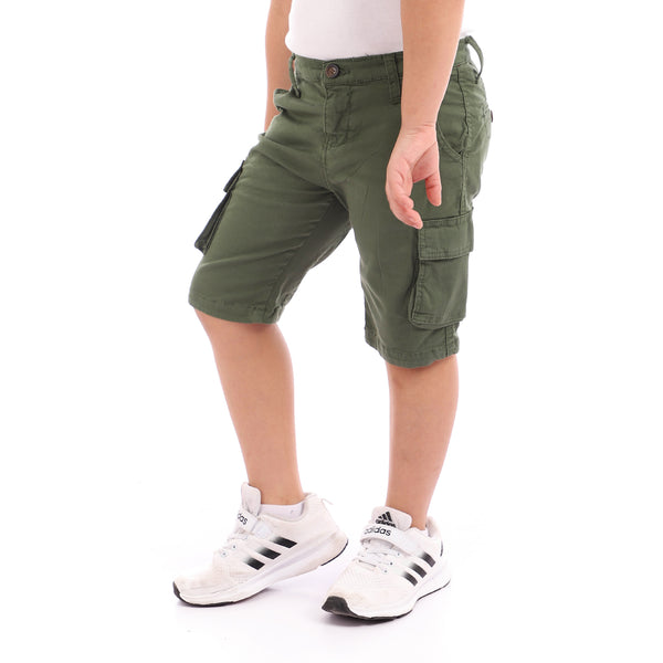 Side Pockets Casual Olive Gabardine Shorts