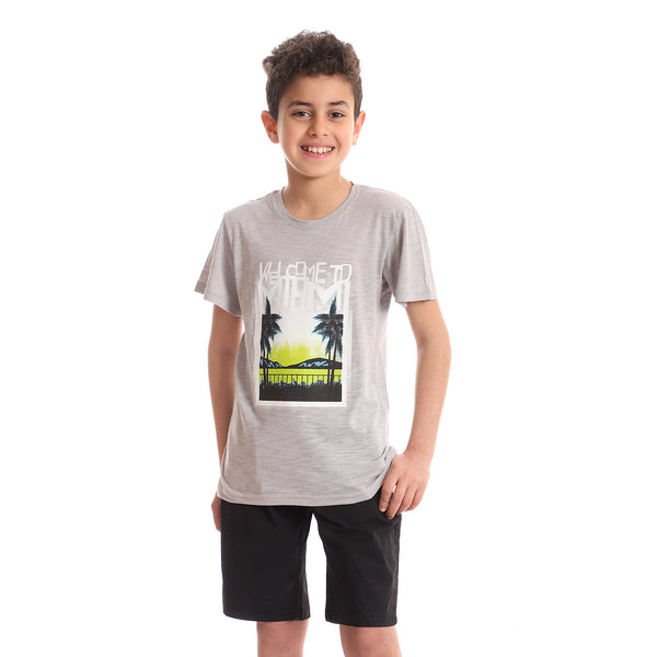 Boys Palm Trees Heather Grey Printed Tee - Light Grey
