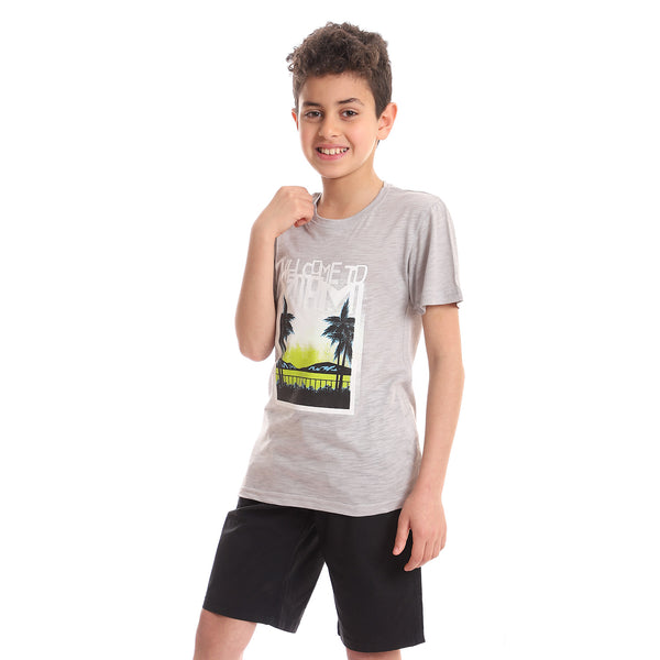 Boys Palm Trees Heather Grey Printed Tee - Light Grey