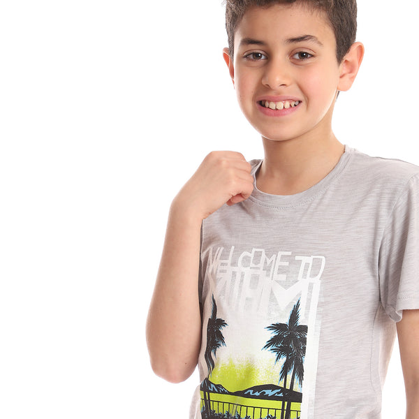 Boys Palm Trees Heather Grey Printed Tee - Light Grey