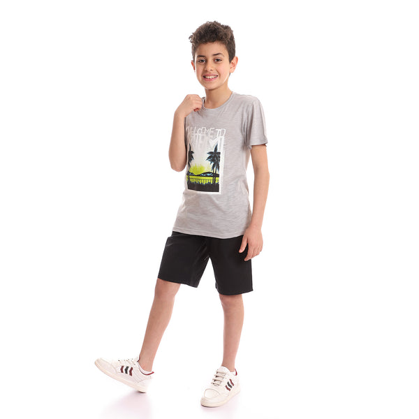 Boys Palm Trees Heather Grey Printed Tee - Light Grey