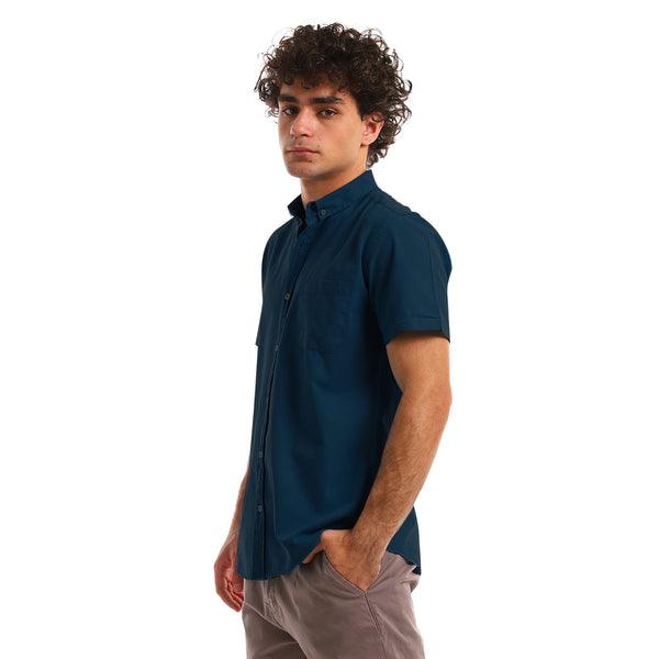 Short Sleeves Dark Blue Solid Casual Shirt