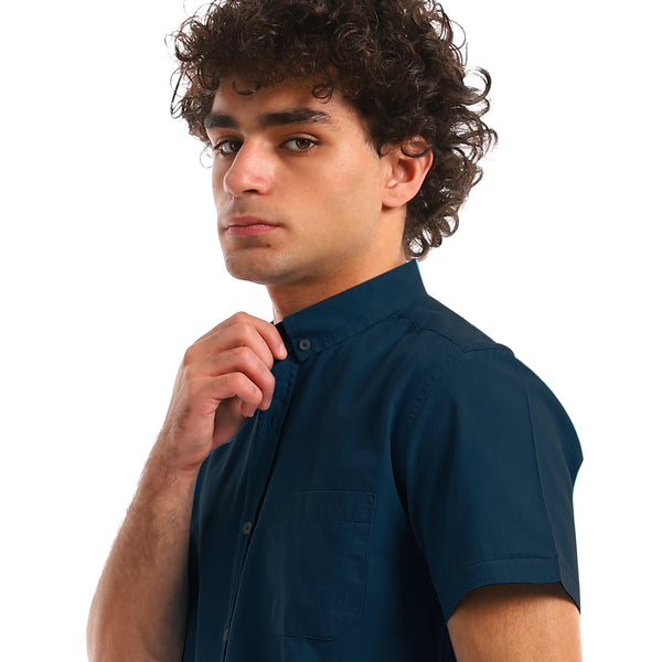 Short Sleeves Dark Blue Solid Casual Shirt